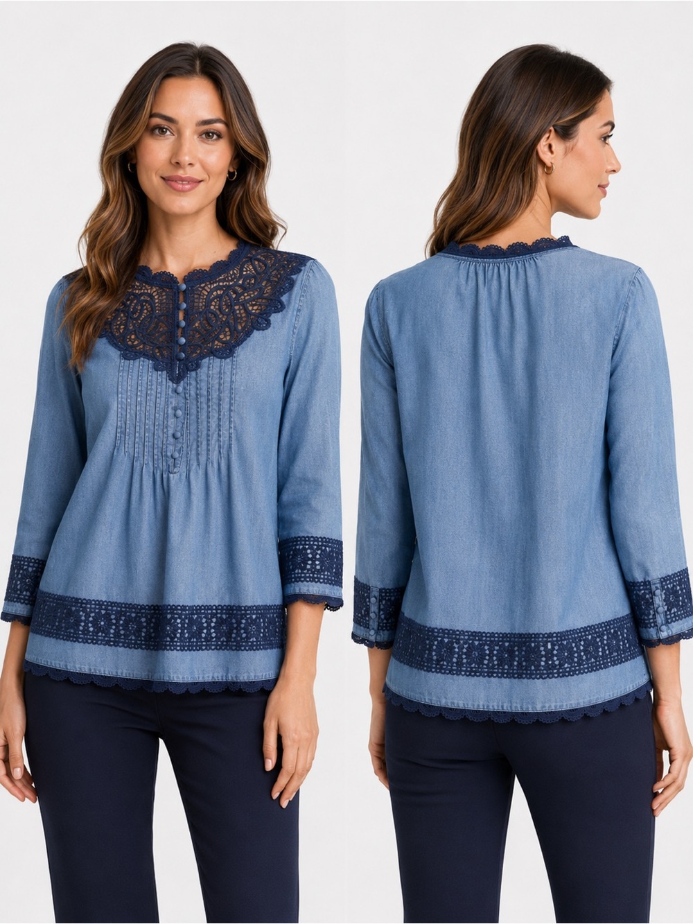 Anthropologie Holding Horses Blouse Sz 4 Blue Chambray Crochet Lace Pintuck…